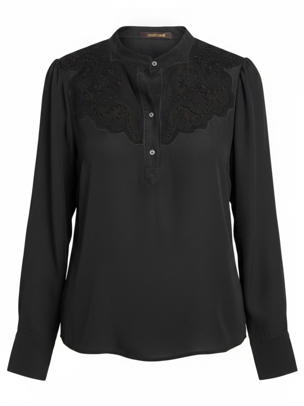 100% Silk Roberto Cavalli Black Long-Sleeve Embroidered Yoke Blouse